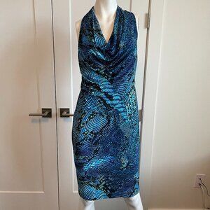 Anne Klein Sleeveless Deep Cowl Nk Reptile Print Poly Blend Dress Blue Blk Sz 4